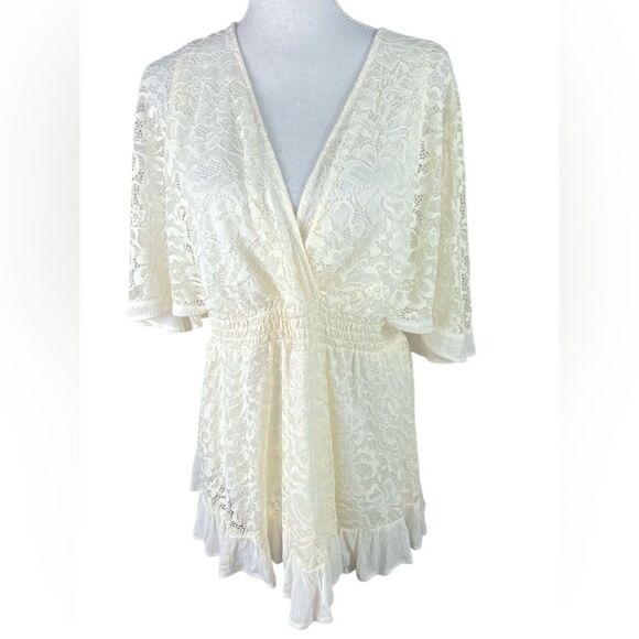 Torrid Womens Beige Stretch Lace Surplice Dolman Sleeve Blouse Top Size 1 - Picture 1 of 7